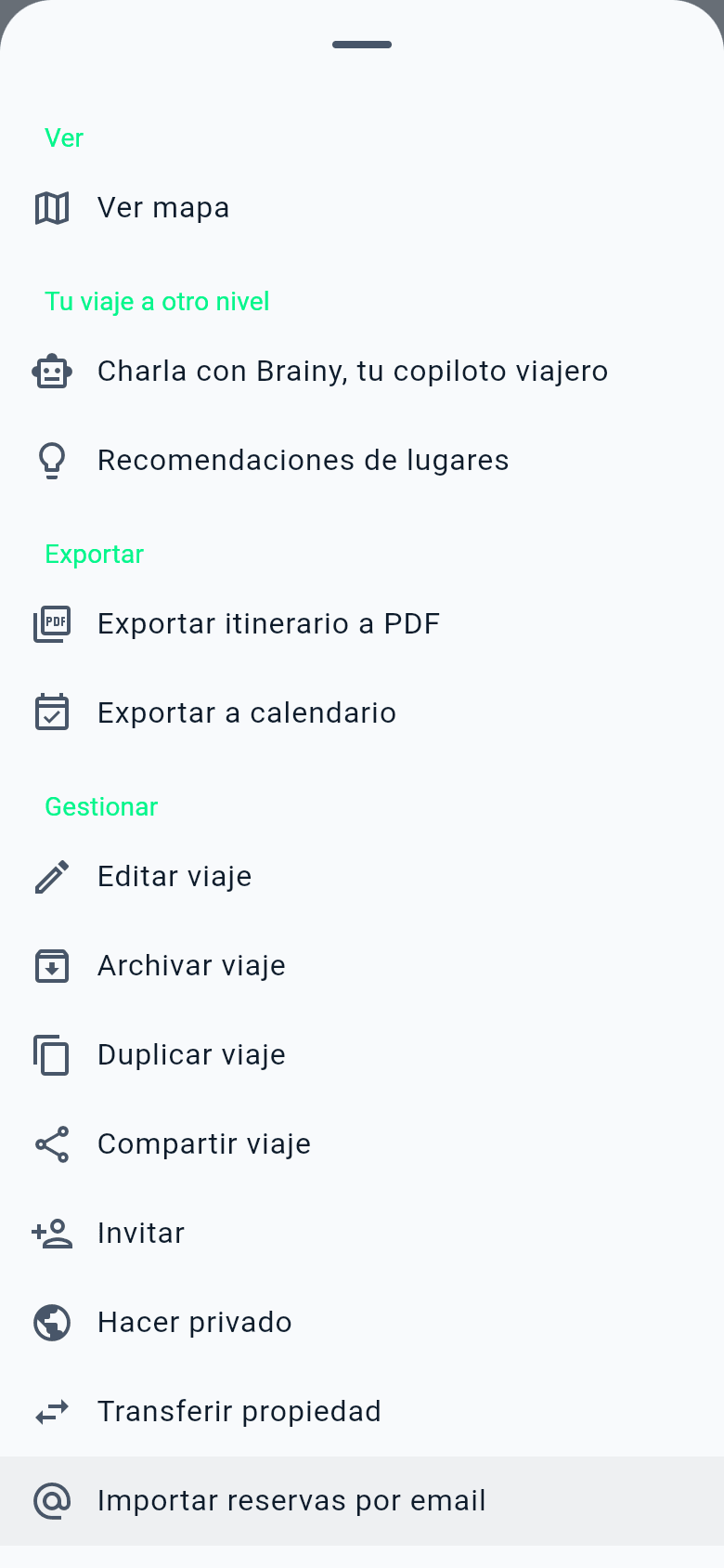 Menú de acciones de un viaje con Brainy, recomendaciones y exportación
