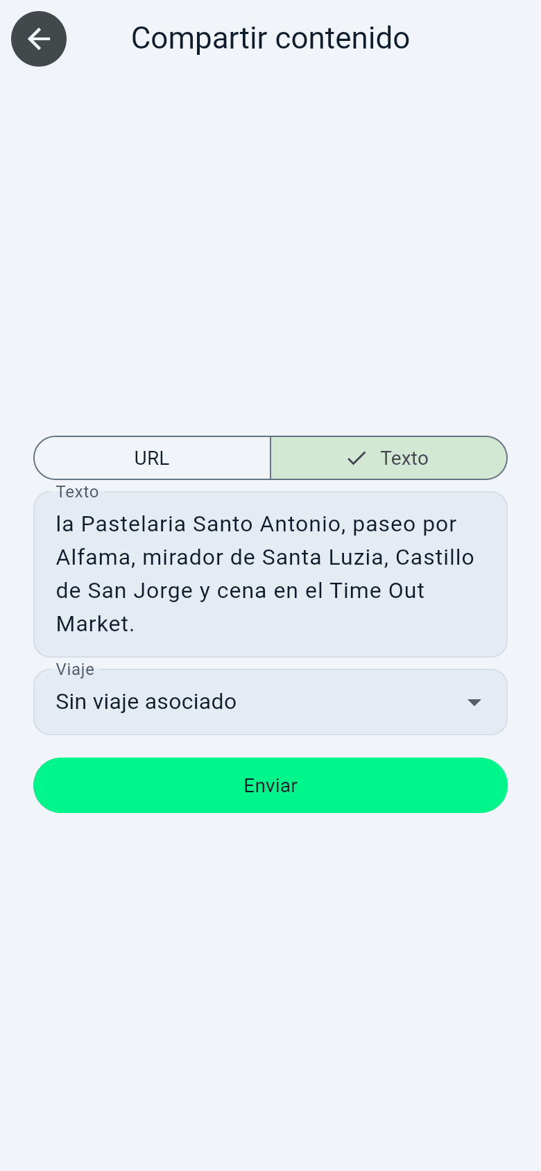 Pantalla de Rutavel para compartir un enlace o texto
