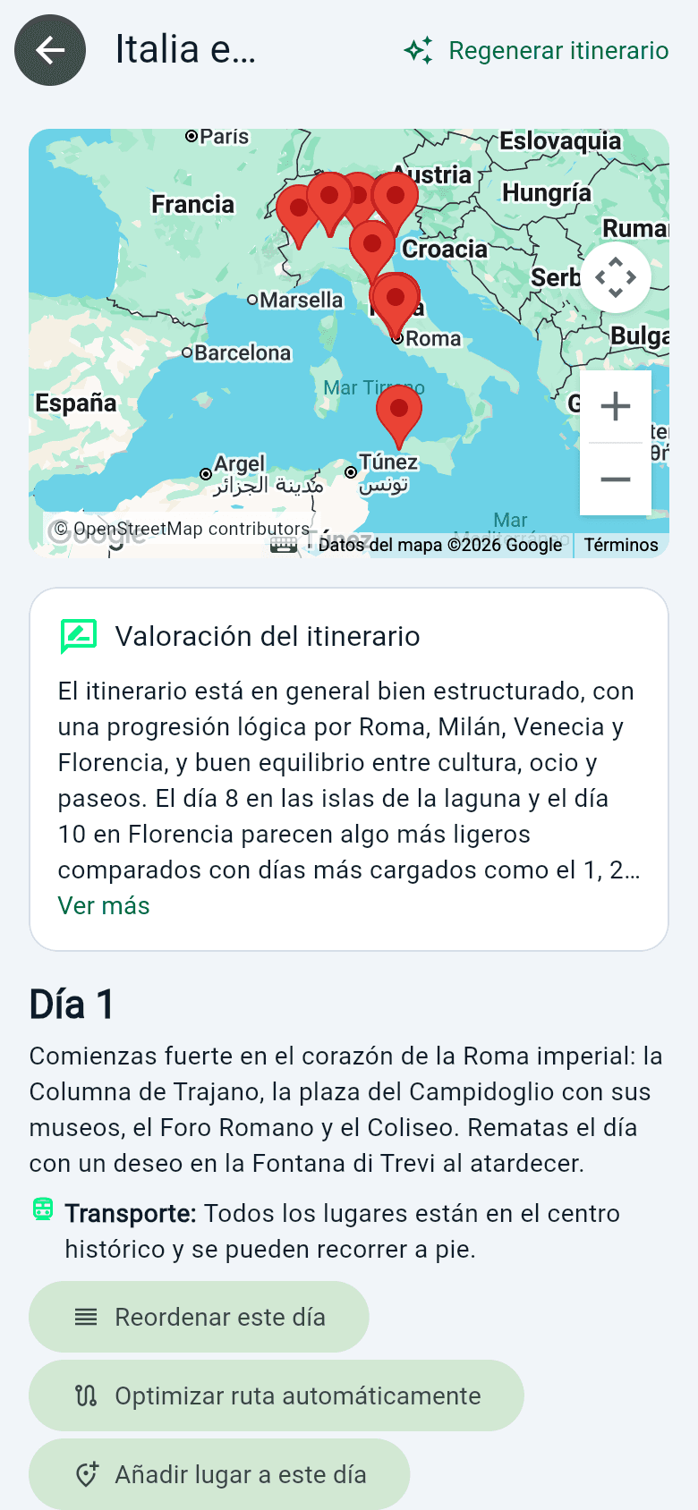 Itinerario día a día generado con inteligencia artificial