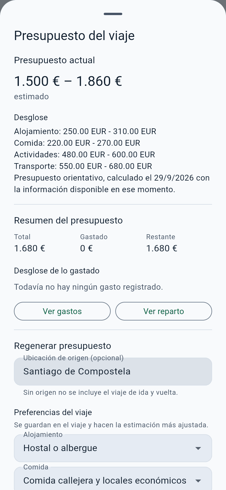 Presupuesto estimado del viaje con desglose por categorías