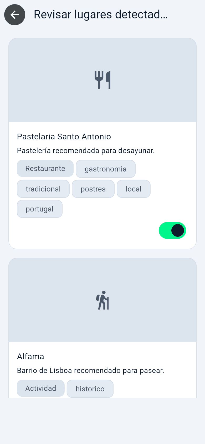 Pantalla de revisión de lugares detectados por la IA